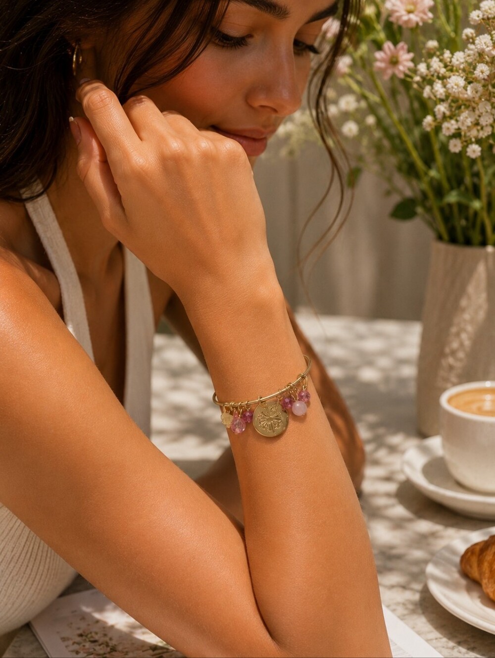 Gold-Tone Charm Bangle Bracelet with Pink Beads